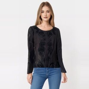 Escada Vintage Silk Blend Black Beaded Rosette Embellished Zip Jacket DE 36 US 6